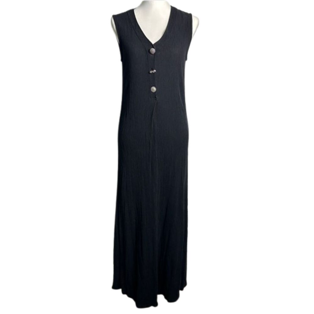 Vintage 90s Barbara Lesser Black Gauzy Crinkle Maxi Dress M Whimsygoth Buttons